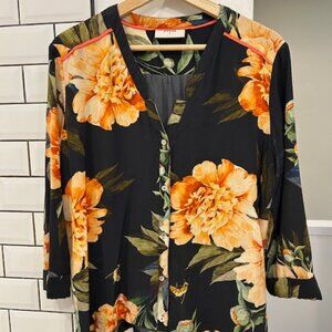 Pyrus Floral Print Silk Blouse - Navy w/Pink - Size: L